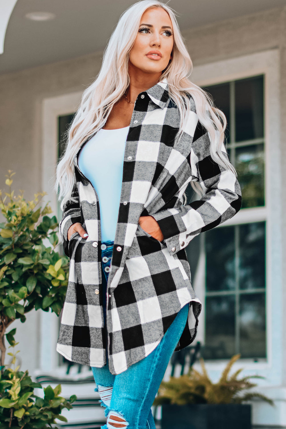 Black Turn-Down Collar Plaid Shirt Coat