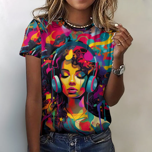 Introducing the Bright &amp; Colorful Original Graphic Print Crew-Neck T-Shirt! Bold graphics, vibrant colors, and a comfortable crew-neck design make this the perfect statement piece for any wardrobe. Spread positivity and confidence with every wear. Feel empowered and inspired with each colorful and creative design.