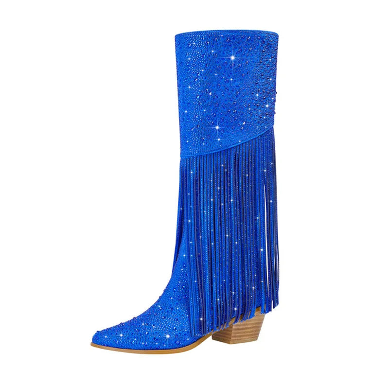 Elevate your western style with our Knee High Rhinestone Boots! Available in 3 stunning colors, these boots feature rhinestones and tassels that will add a touch of sparkle to any outfit. Perfect for all occasions, they will make you stand out and feel confident. Upgrade your wardrobe with these must-have boots.