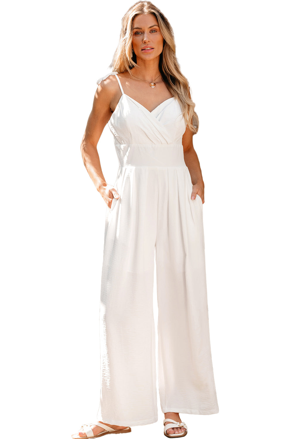 Beige Spaghetti Straps Pleated High Waist Wide Leg Jumpsuit - Thread Harbor Clothing Company