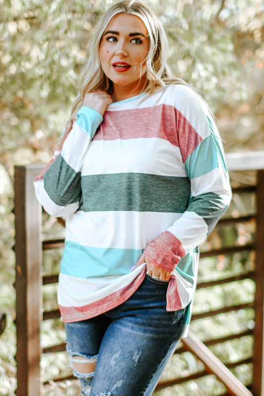 Introducing our Green Plus Size Color block Pullover Top - a timeless fashion statement that flatters women of all shapes and sizes. Made with soft and lightweight fabric, this top offers both style and comfort for everyday wear. Step up your style game with a perfect combination of color block, long sleeve, and crew neck.