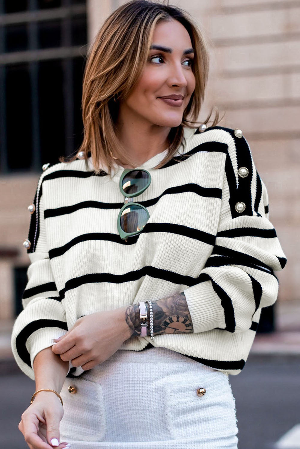 Beige with Black Stripes Long Sleeve Sweater with Button Decor on Shoulders - Thread Harbor Clothing Company