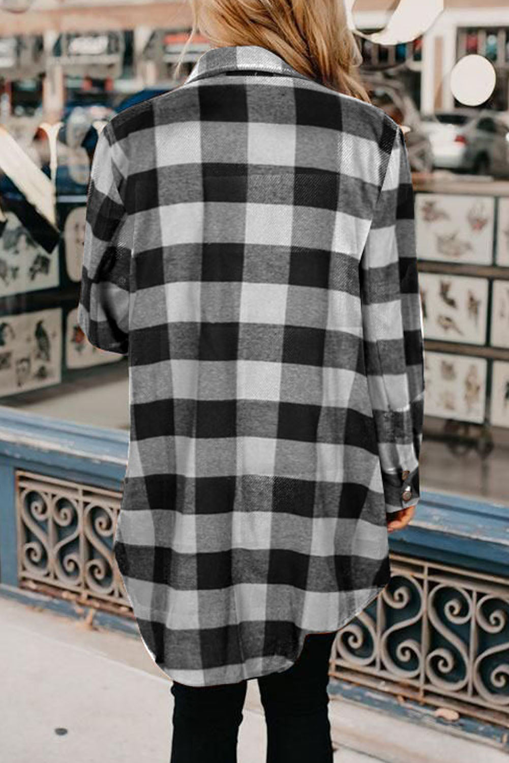 Black Turn-Down Collar Plaid Shirt Coat