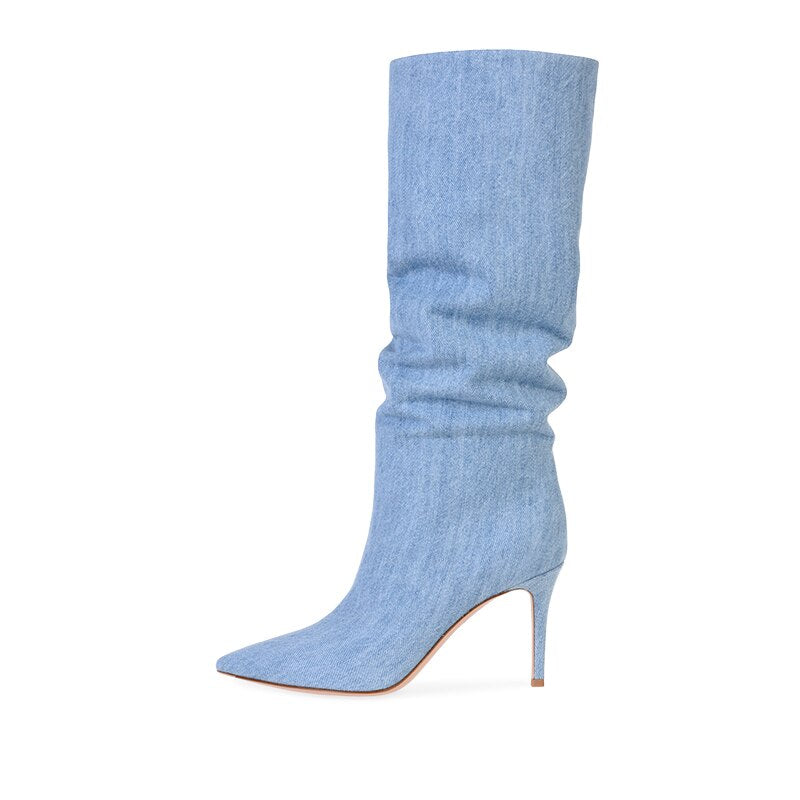 High Heel Mid Calf Denim Boots