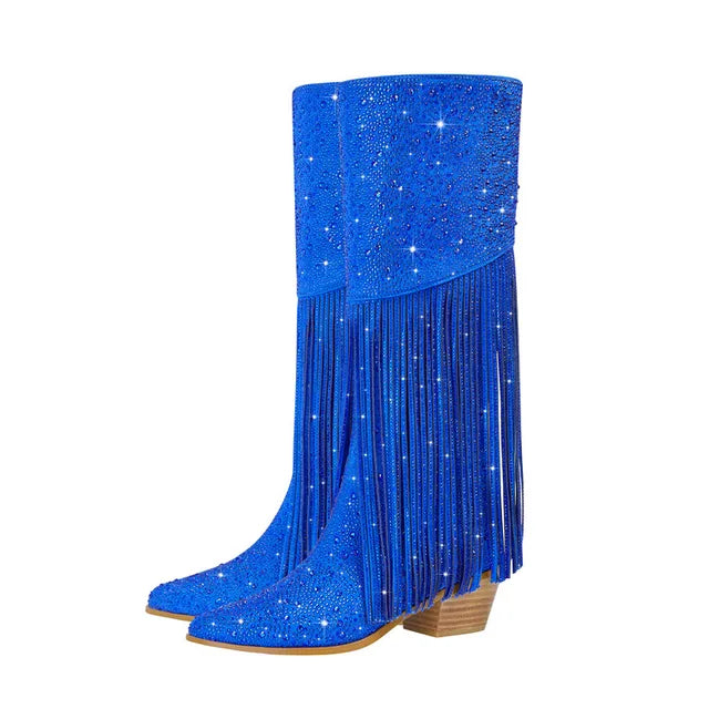 Elevate your western style with our Knee High Rhinestone Boots! Available in 3 stunning colors, these boots feature rhinestones and tassels that will add a touch of sparkle to any outfit. Perfect for all occasions, they will make you stand out and feel confident. Upgrade your wardrobe with these must-have boots.