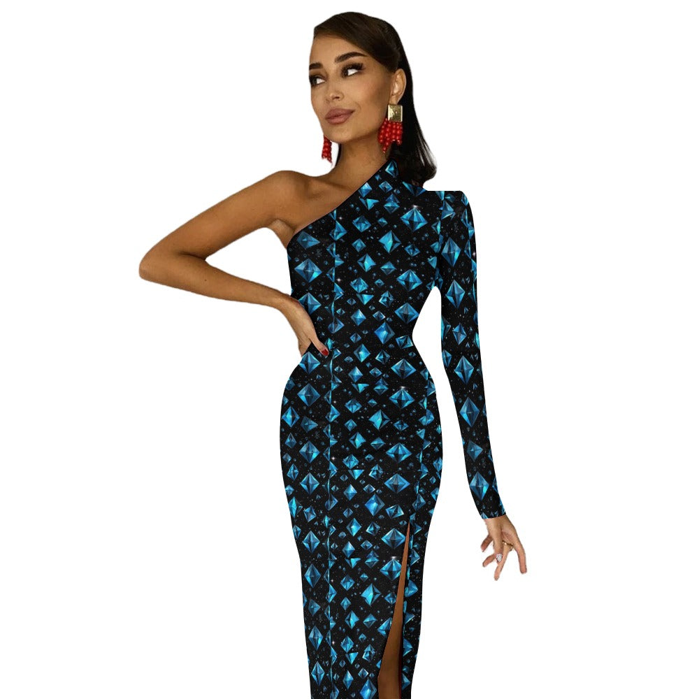 Black Original Graphic Print Diamond Pattern Half Sleeve Slit Dress