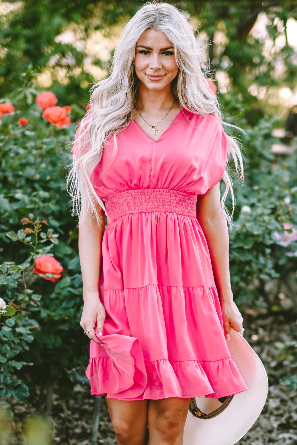 Strawberry Pink V-Neck Ruffled Midi Dress