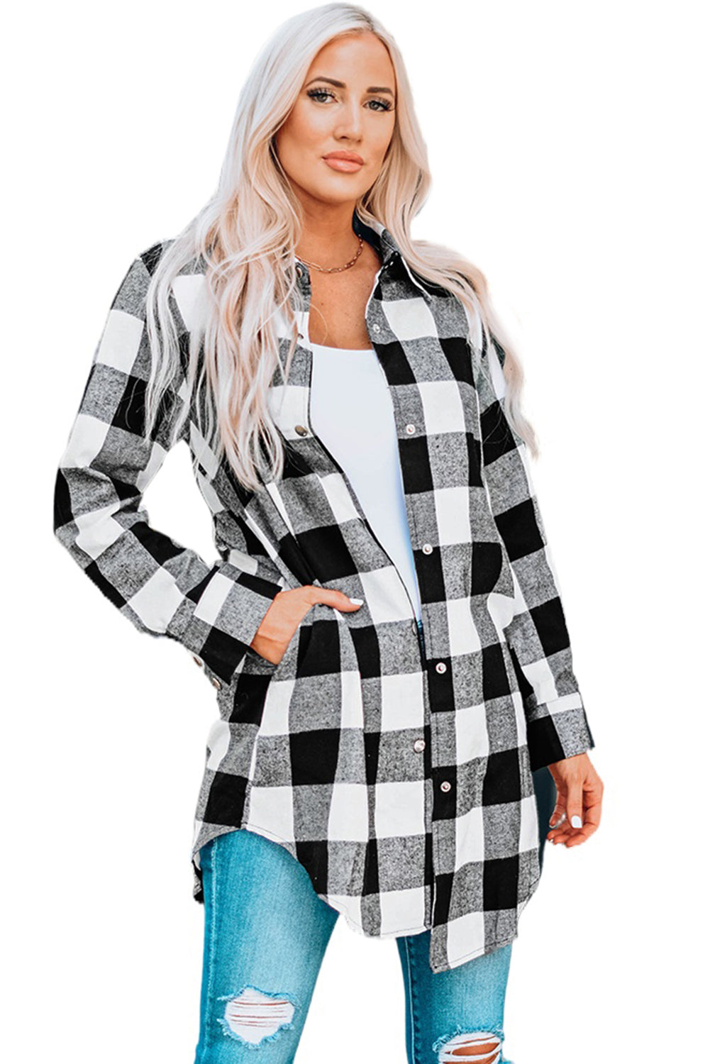 Black Turn-Down Collar Plaid Shirt Coat