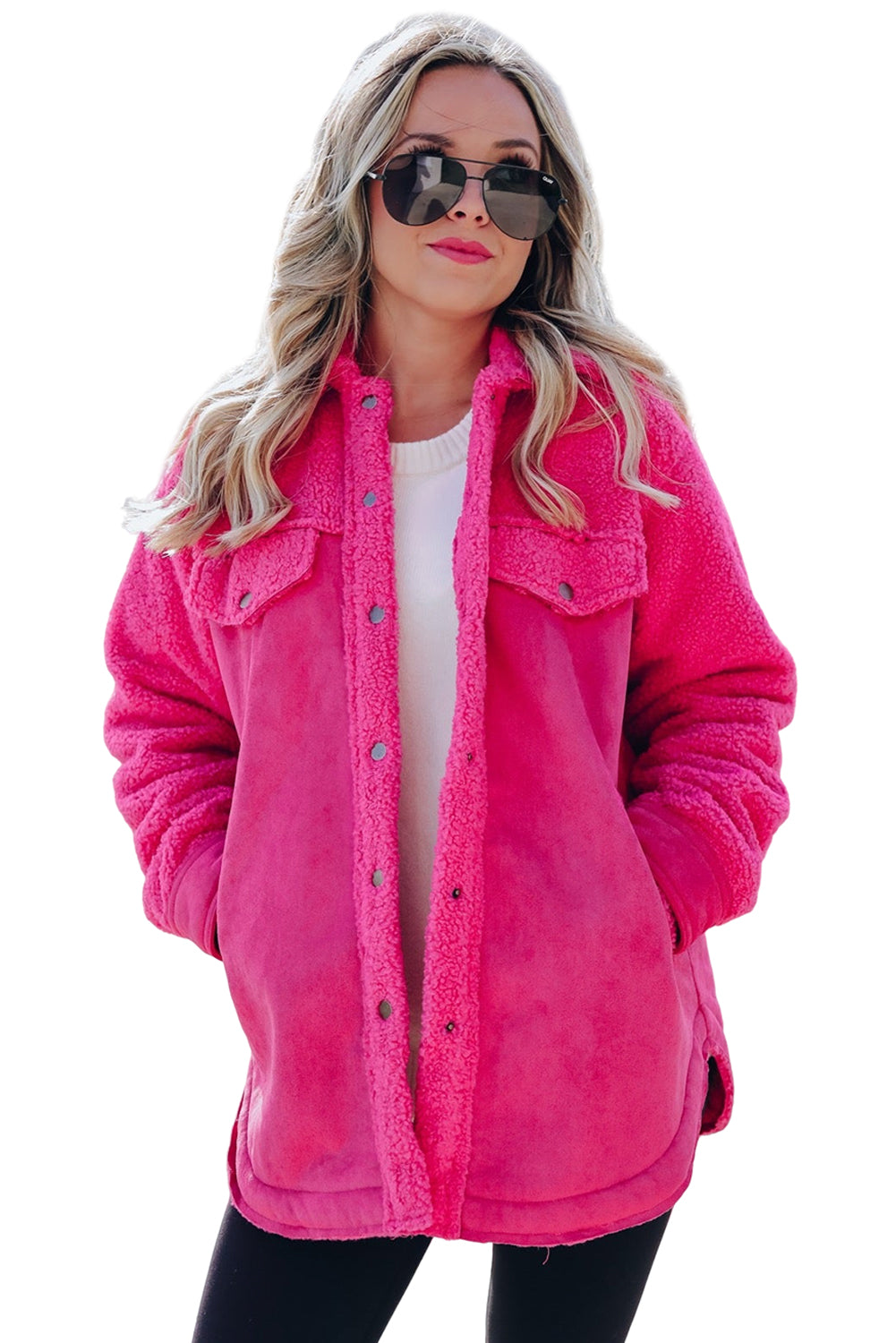 Introducing a cozy yet vibrant addition to your wardrobe: the Bright Pink Faux Suede Sherpa Button-Up Cardigan. Crafted with comfort and style in mind, this cardigan offers both warmth and flair, perfect for the modern woman who values both fashion and functionality