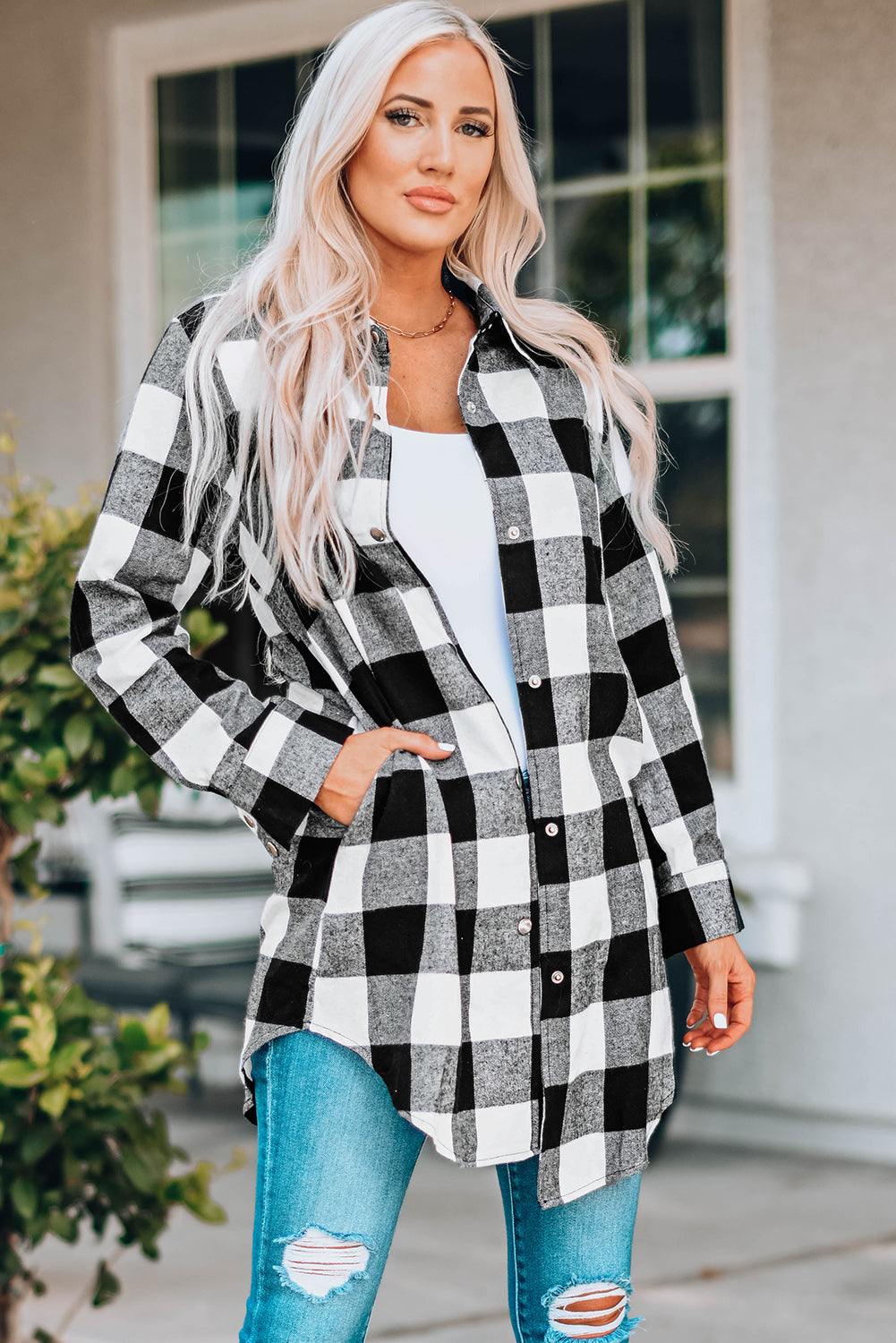 Black Turn-Down Collar Plaid Shirt Coat