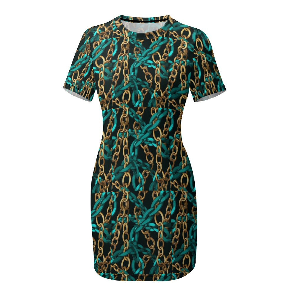 Bask in the vibrancy of the Original Print Turquoise Crew-Neck Short Sleeve Dress. Its unique print adds a pop of color to your wardrobe while the crew-neck and short sleeves provide comfort and style. Elevate your fashion game with this must-have dress and make a statement anywhere you go!