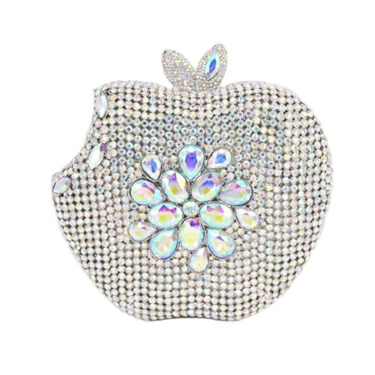 Add a pop of whimsy and style to your outfit with our Rhinestone Apple Shaped Handbag! Available in 8 vibrant colors, this playful clutch features a detailed rhinestone apple design and a convenient chain shoulder strap. Perfect for any fashionista looking to make a statement! (No worms included.)