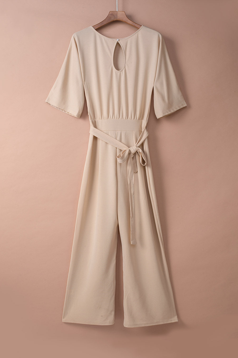 Apricot 3/4 Length Sleeve Tie Waist Wide Leg Jumpsuit