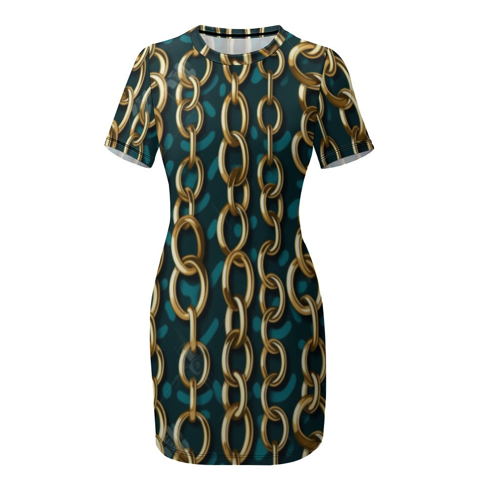 Experience the ultimate in style and comfort with our Turquoise under Gold Chain Graphic Print Crew Neck Short Sleeve Dress! This eye-catching dress features a stunning turquoise and gold chain graphic print, while the crew neck and short sleeves provide a perfect balance of sophistication and ease. Elevate your wardrobe today!