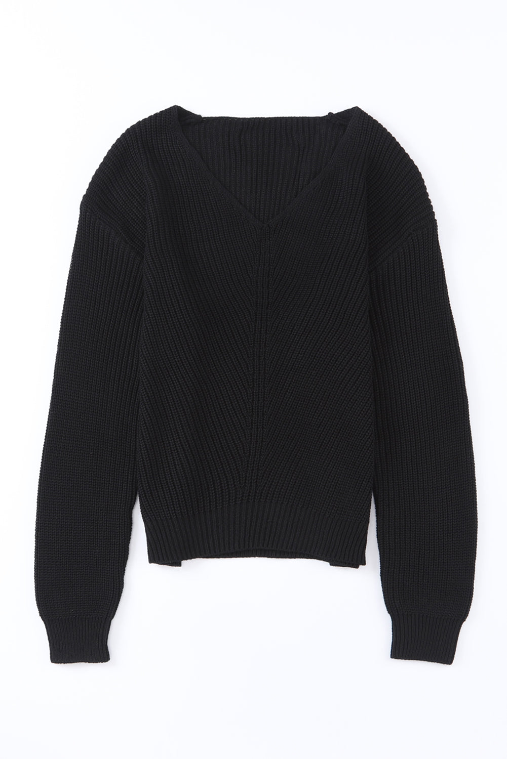 Cozy up in style with our Black Ribbed Knit V Neck Sweater. Made with a soft and stretchy ribbed knit fabric, this sweater features a flattering v neck design. Perfect for pairing with jeans or leggings, it's a versatile and stylish addition to any wardrobe.