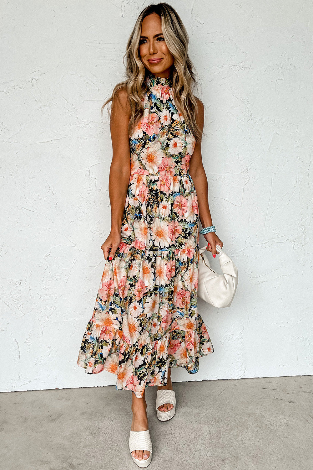 Floral Boho Print Knotted Halter Ruffled Maxi Dress - Thread Harbor Clothing Company