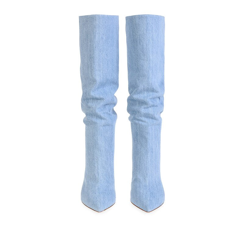 High Heel Mid Calf Denim Boots