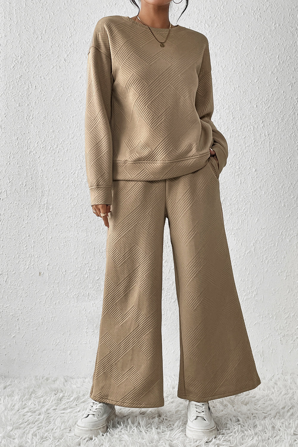 Transform your wardrobe with our Loose &amp; Comfy Khaki Wide Leg Outfit Set! Experience ultimate comfort and style with this versatile and chic set. Made with a loose and flowy design, it's perfect for any occasion. Upgrade your look and feel confident all day long.