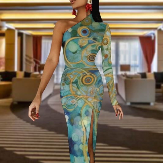 Designer Original Print Half Sleeve Slit Maxi Dress