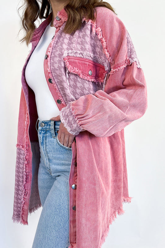 Indulge in a retro and distressed feel with our Pink Retro Distressed Houndstooth Patchwork Denim Jacket. The unique patchwork design adds a touch of personality to your style, while the houndstooth print brings a classic and timeless charm. Made from durable denim, this jacket is perfect for any season and will elevate any outfit with its eye-catching pink hue!