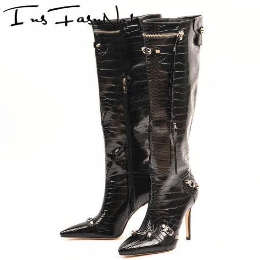 Elevate your style with these Women's Designer Spike High Heel Rivet Punk Style Zipper Hardware Knee High Boots! With edgy spikes and a sleek zipper, these boots add a touch of boldness to any outfit. Crafted with high quality materials, they offer lasting comfort and an unmatched fashion statement.