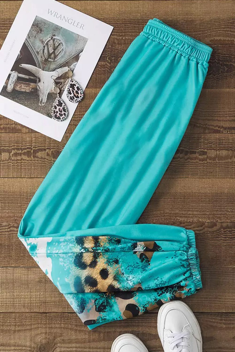 Stylish Casual Turquoise Contrast Leopard Tie-Dye Print  Sweatpants