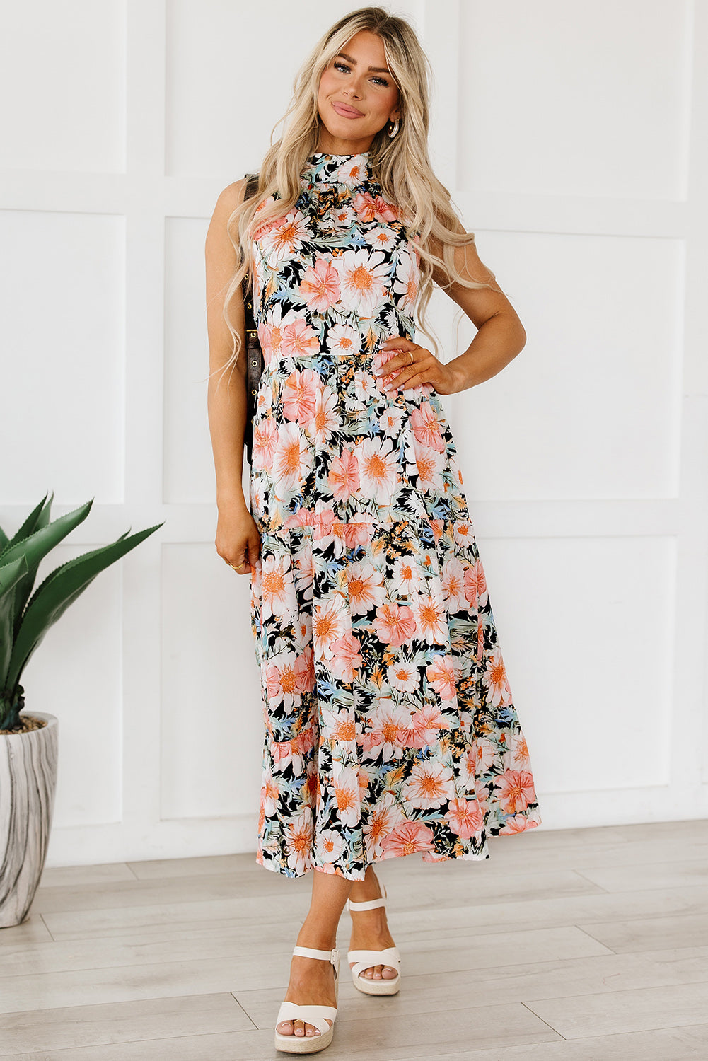 Floral Boho Print Knotted Halter Ruffled Maxi Dress - Thread Harbor Clothing Company