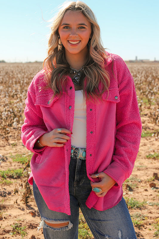 Bright Pink Faux Suede Sherpa Button-Up Cardigan