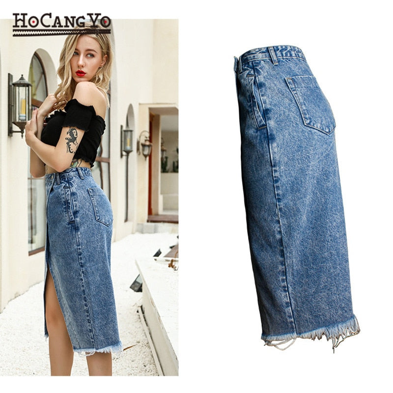 Women Midi High Waist Large Size Cotton Jeans Skirt Stonewashed Denim