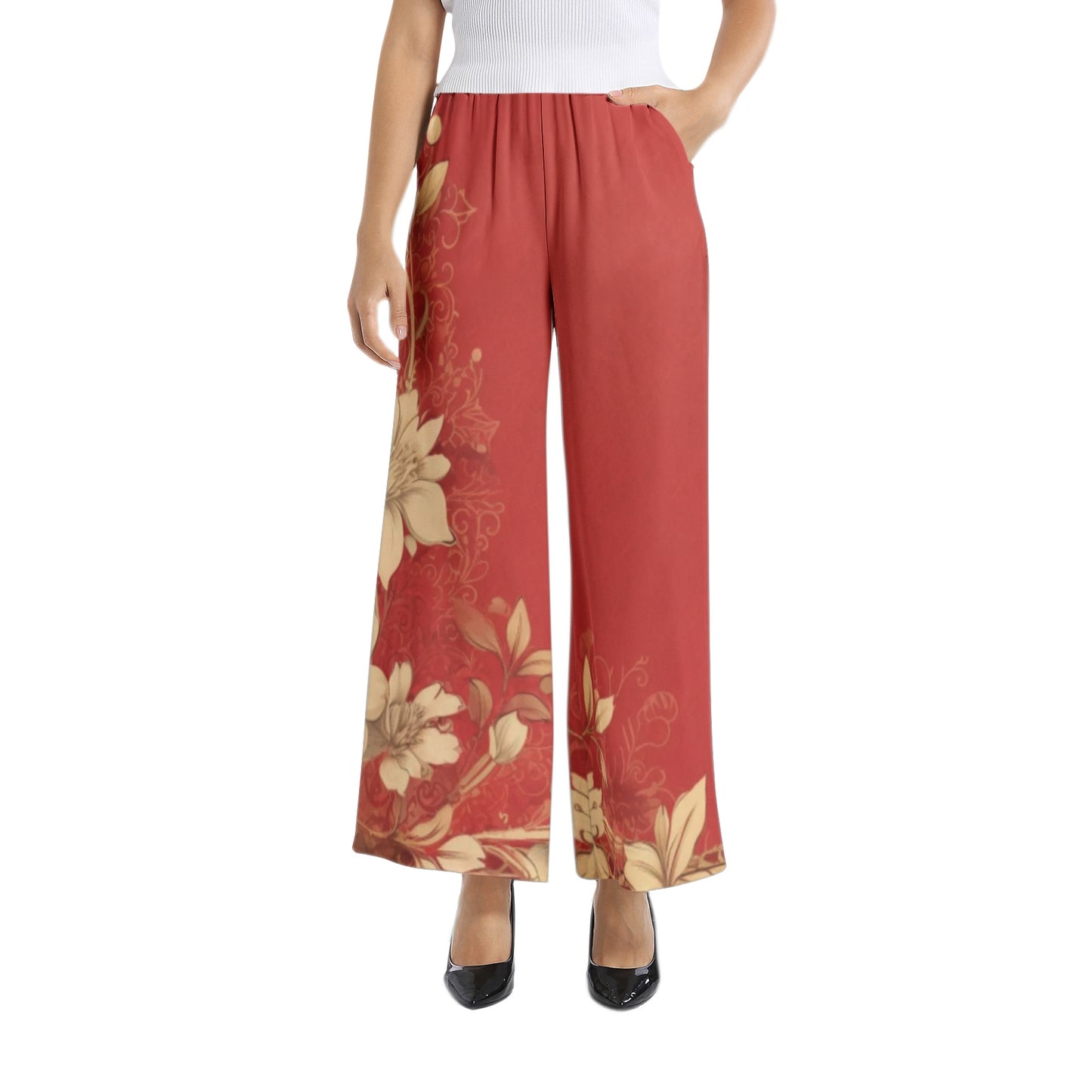 Red with Designer Original Beige Floral Motif Elastic Waist Wide Leg Pant