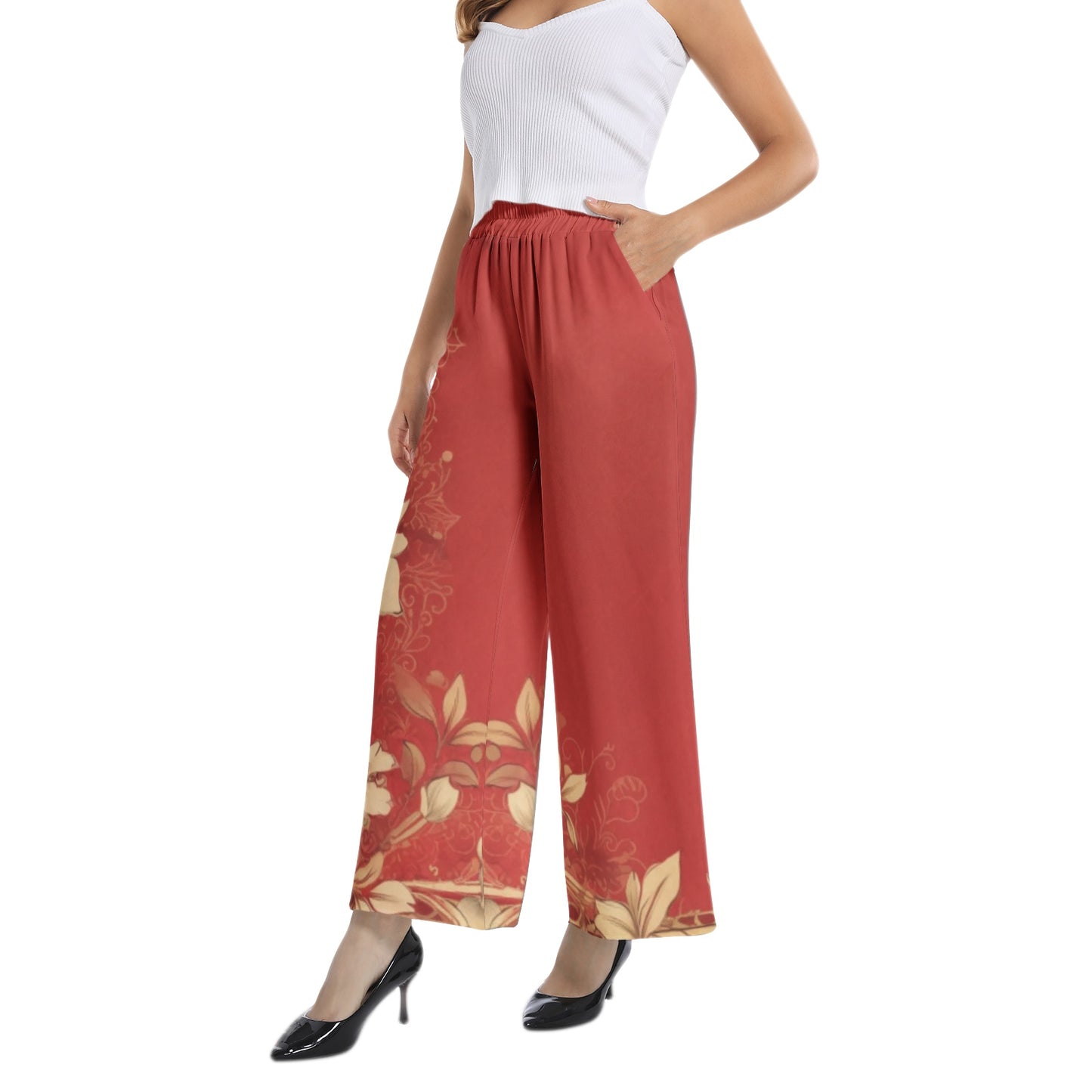 Red with Designer Original Beige Floral Motif Elastic Waist Wide Leg Pant