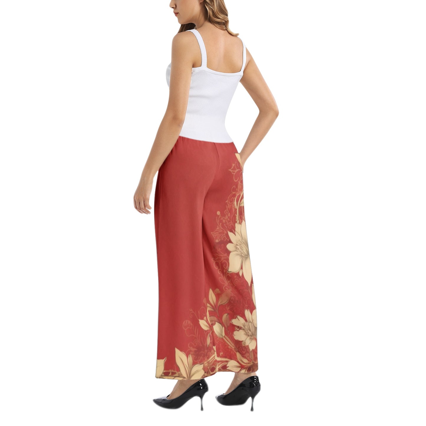 Red with Designer Original Beige Floral Motif Elastic Waist Wide Leg Pant