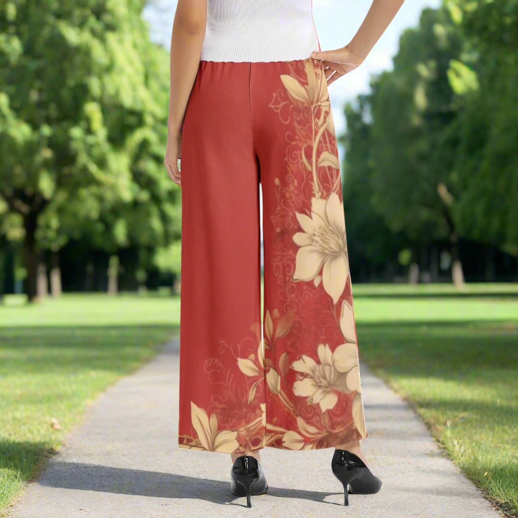 Red with Designer Original Beige Floral Motif Elastic Waist Wide Leg Pant