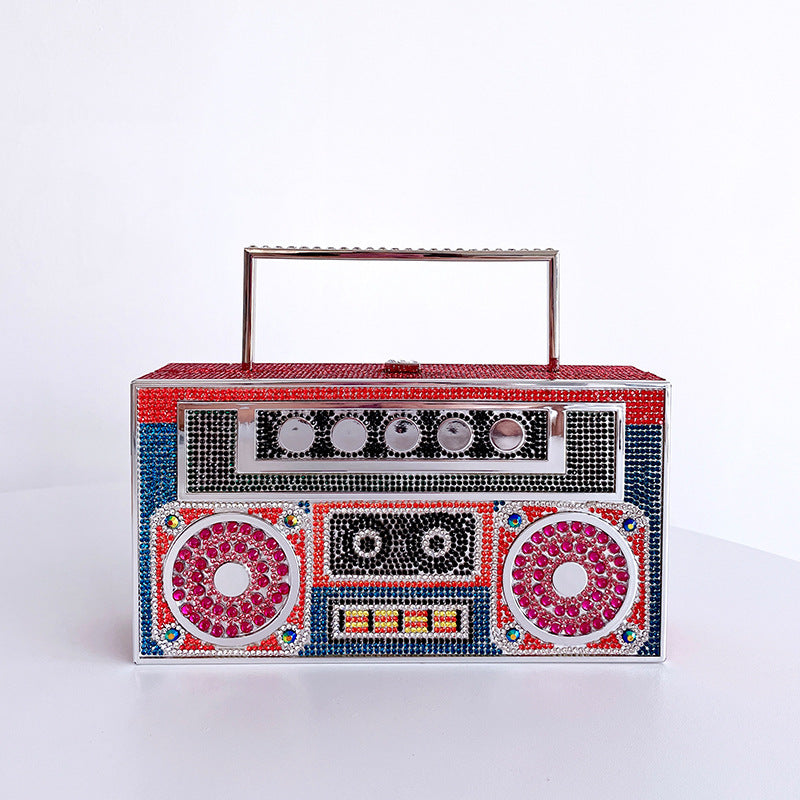 Woman's Retro Rhinestone Boombox Top Handle Purse with Chain Strap Handle