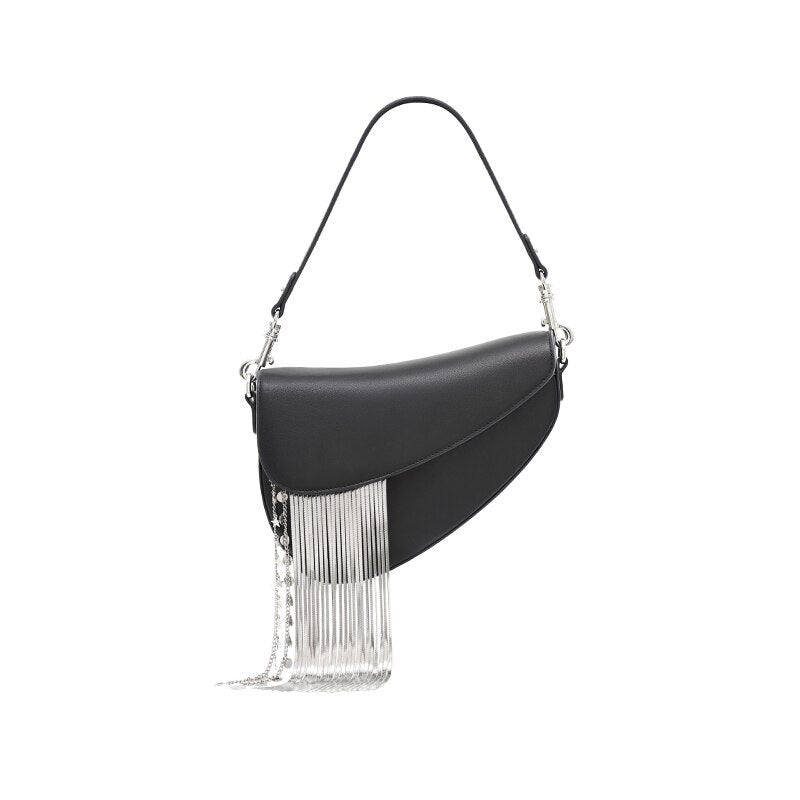 Women's Black Leather Saddle Bag Purse with Silver Tassels