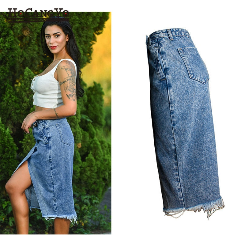 Women Midi High Waist Large Size Cotton Jeans Skirt Stonewashed Denim