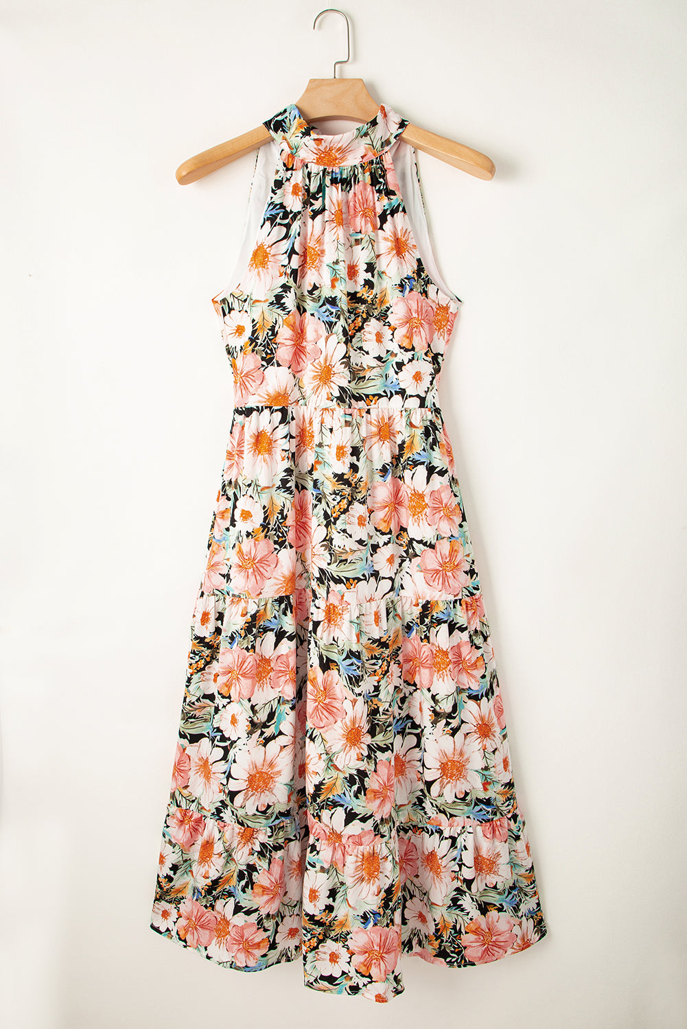 Floral Boho Print Knotted Halter Ruffled Maxi Dress - Thread Harbor Clothing Company