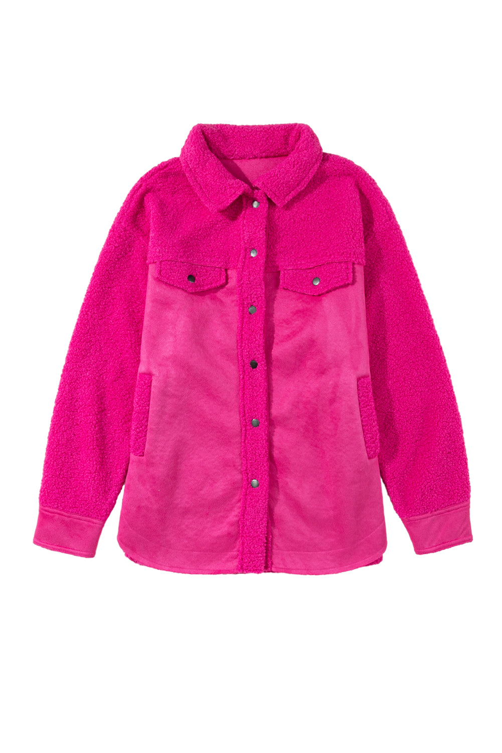 Bright Pink Faux Suede Sherpa Button-Up Cardigan