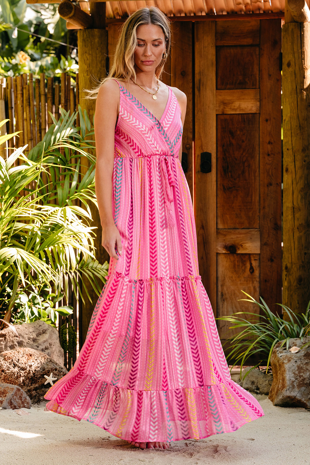 Pink V-Neck Graphic Print Maxi Wrap Dress with Tassel