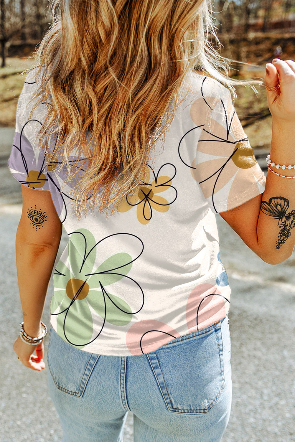 Beige Summer Flower Print Casual Crew-Neck Retro Flower Print T-Shirt - Forever Summer Collection - Thread Harbor Clothing Company