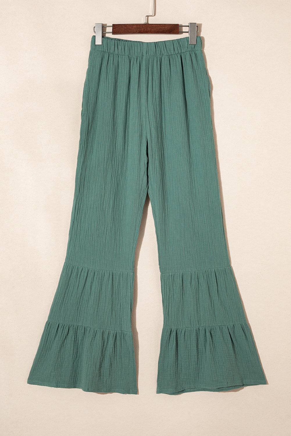 Classy Green Textured High Waist Ruffled Bell Bottom Pants