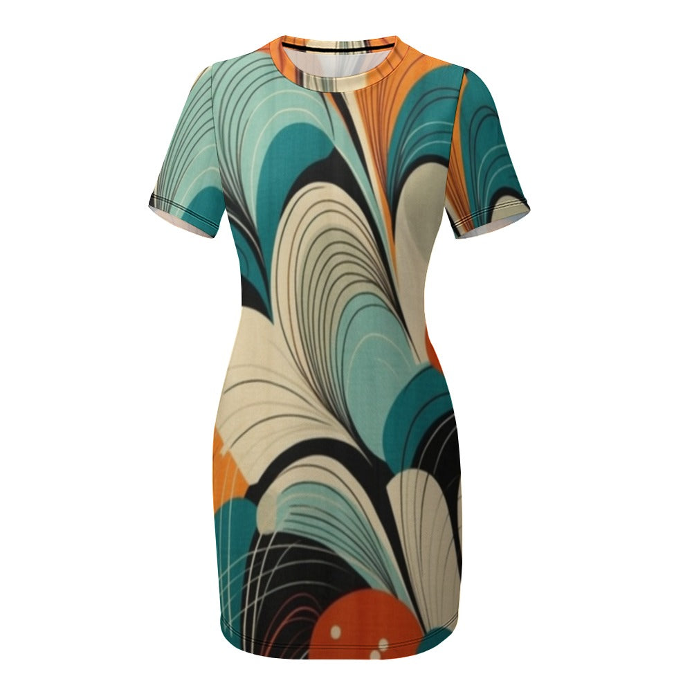 Experience the perfect blend of style and comfort with our Graphic Print Crew Neck Short Sleeve Dress. Featuring a bold graphic print, this dress will make a statement wherever you go. The crew neck and short sleeves provide all-day comfort, while the stylish design adds an element of flair to your wardrobe! The graphic print is retro bold whirls with the colors of orange, beige, turquoise, teal, black, red. its lovely!  Edit alt text