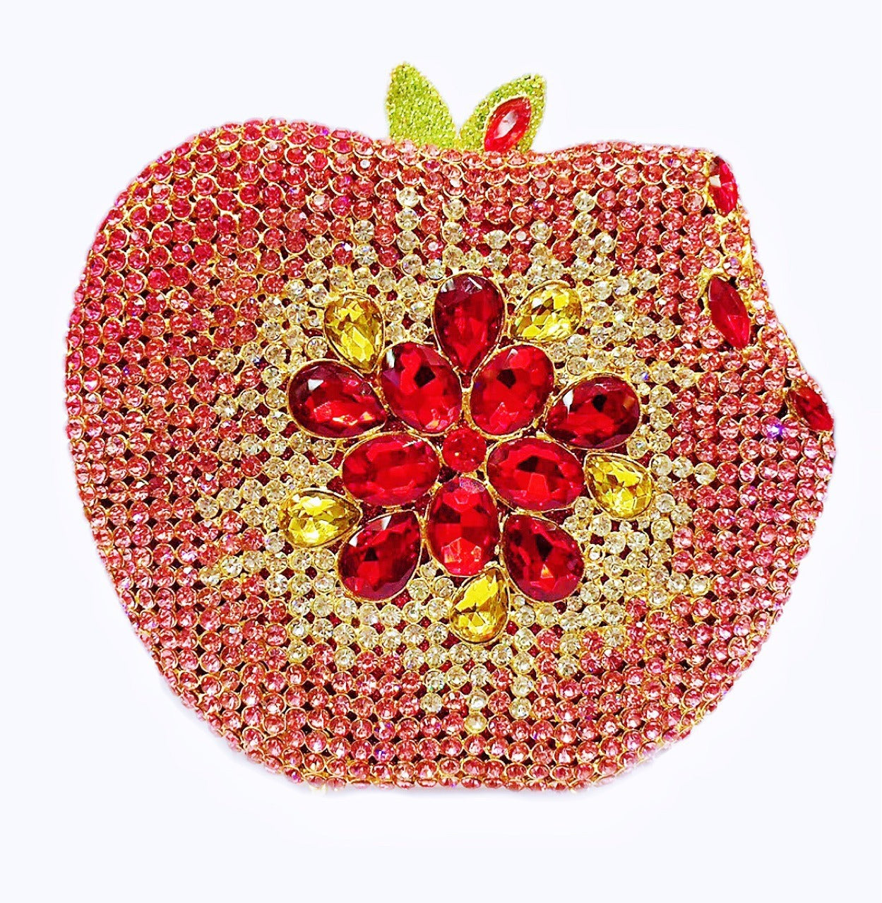 Add a pop of whimsy and style to your outfit with our Rhinestone Apple Shaped Handbag! Available in 8 vibrant colors, this playful clutch features a detailed rhinestone apple design and a convenient chain shoulder strap. Perfect for any fashionista looking to make a statement! (No worms included.)