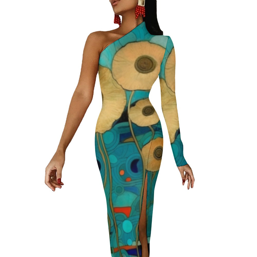 Golden Sleeve Original Graphic Print Off Shoulder Slit Dress