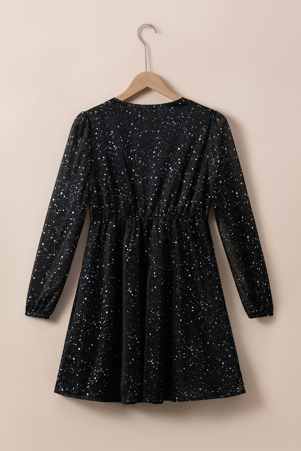 Black Glitter Mesh Overlay V Neck Long Sleeve Dress - Thread Harbor Clothing Company