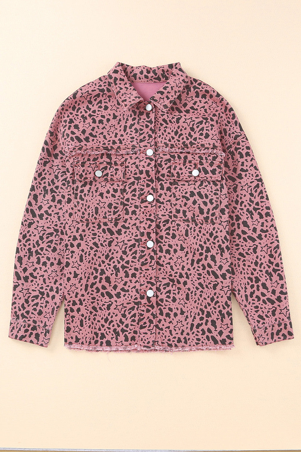 Unleash your wild side with our Pink Stars &amp; Animal Spots Print Button Up Denim Shacket. The leopard spot and heart and stars print adds a stylish touch, while the chest pockets make it practical. The distressed design keeps you on trend. Perfect for pairing with a crop top, t shirt, pants, sneakers, and other accessories.