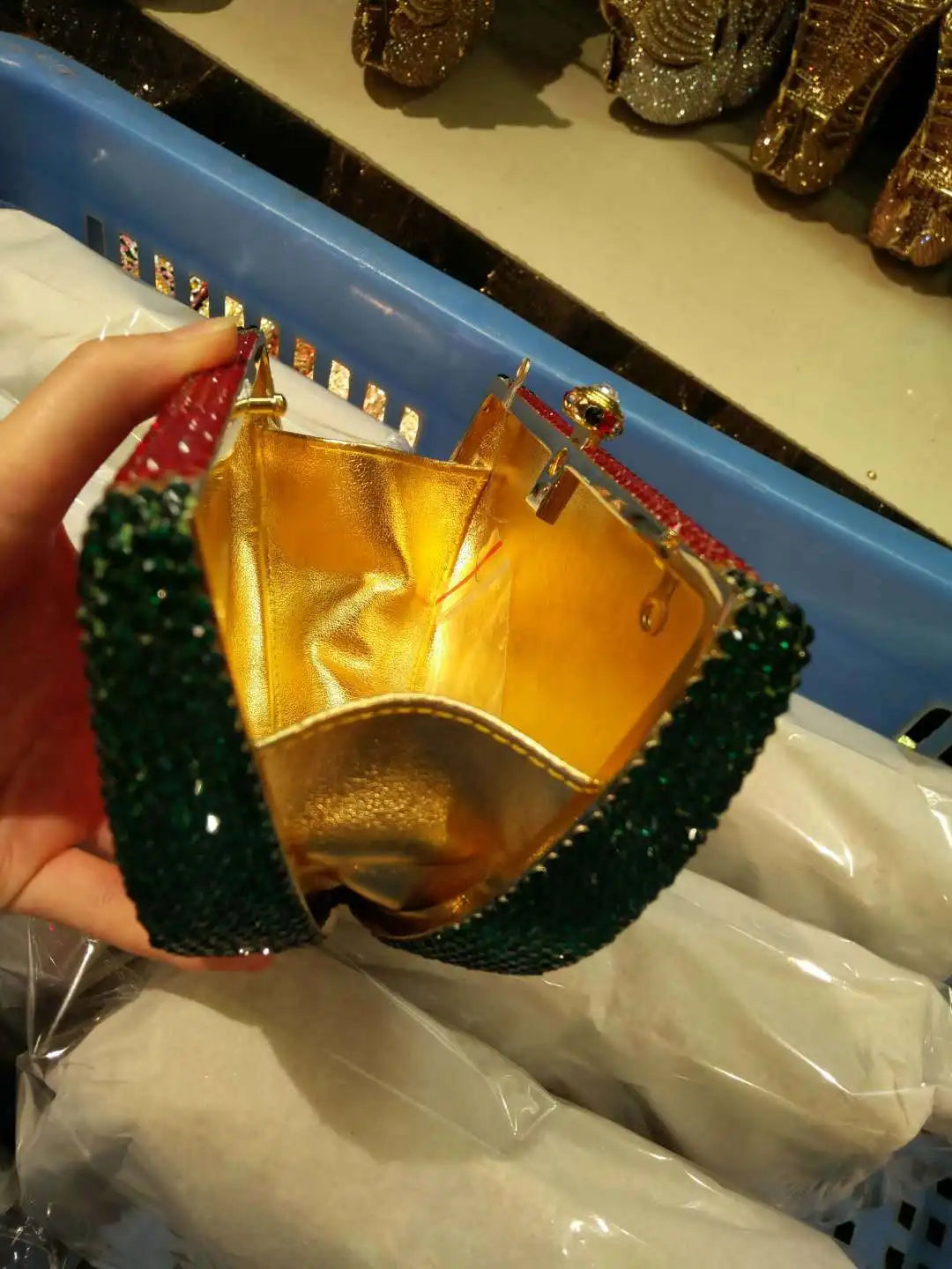 Rhinestone Watermelon Clutch Purse with Gold Shoulder Strap