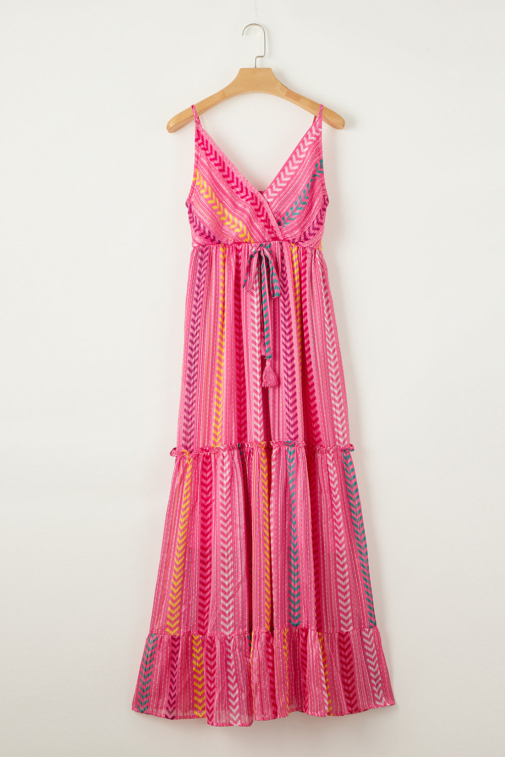 Pink V-Neck Graphic Print Maxi Wrap Dress with Tassel