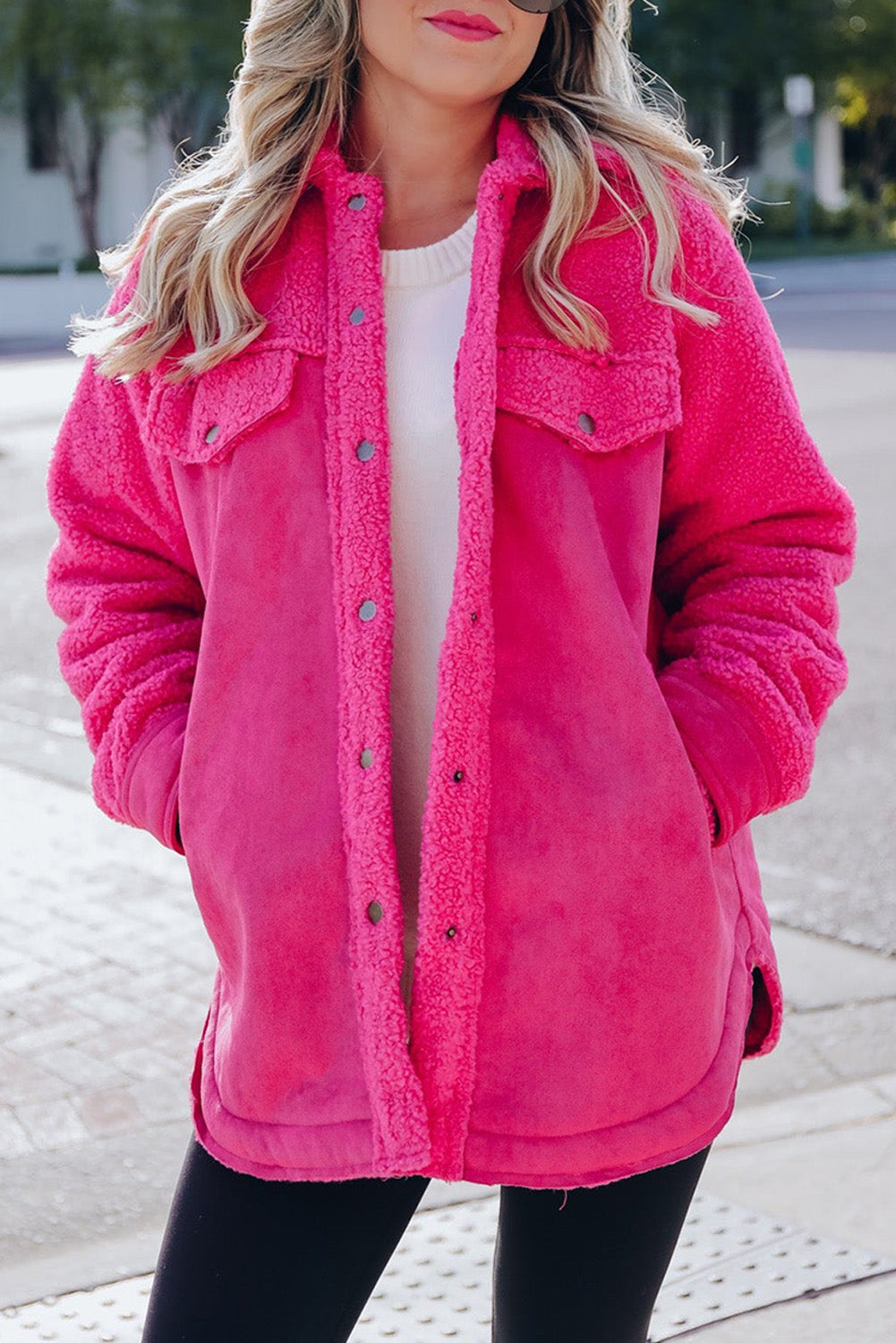 Introducing a cozy yet vibrant addition to your wardrobe: the Bright Pink Faux Suede Sherpa Button-Up Cardigan. Crafted with comfort and style in mind, this cardigan offers both warmth and flair, perfect for the modern woman who values both fashion and functionality