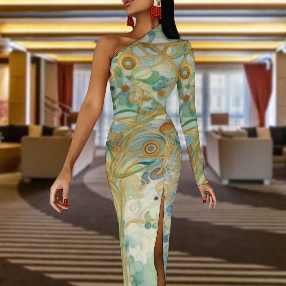 Original Design Print Half Sleeve Slit Maxi Bodycon Dress